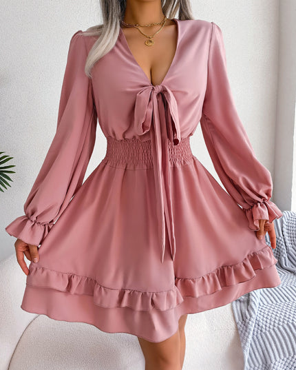 Summer Dresses Solid Color V-neck Long Sleeve Dress For Women Sexy V-neck Lace Up A-line Dress Women's Beach Dress Pink