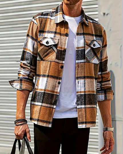 Men's Plaid Loose Cardigan Shirt Khaki grey Cardigan Shirt