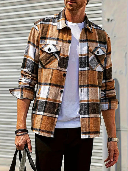 Men's Plaid Loose Cardigan Shirt Khaki grey Cardigan Shirt