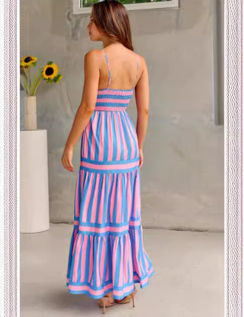 Women's Striped Suspender Maxi Dress Dress
