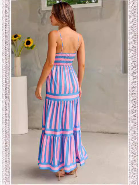 Women's Striped Suspender Maxi Dress Dress