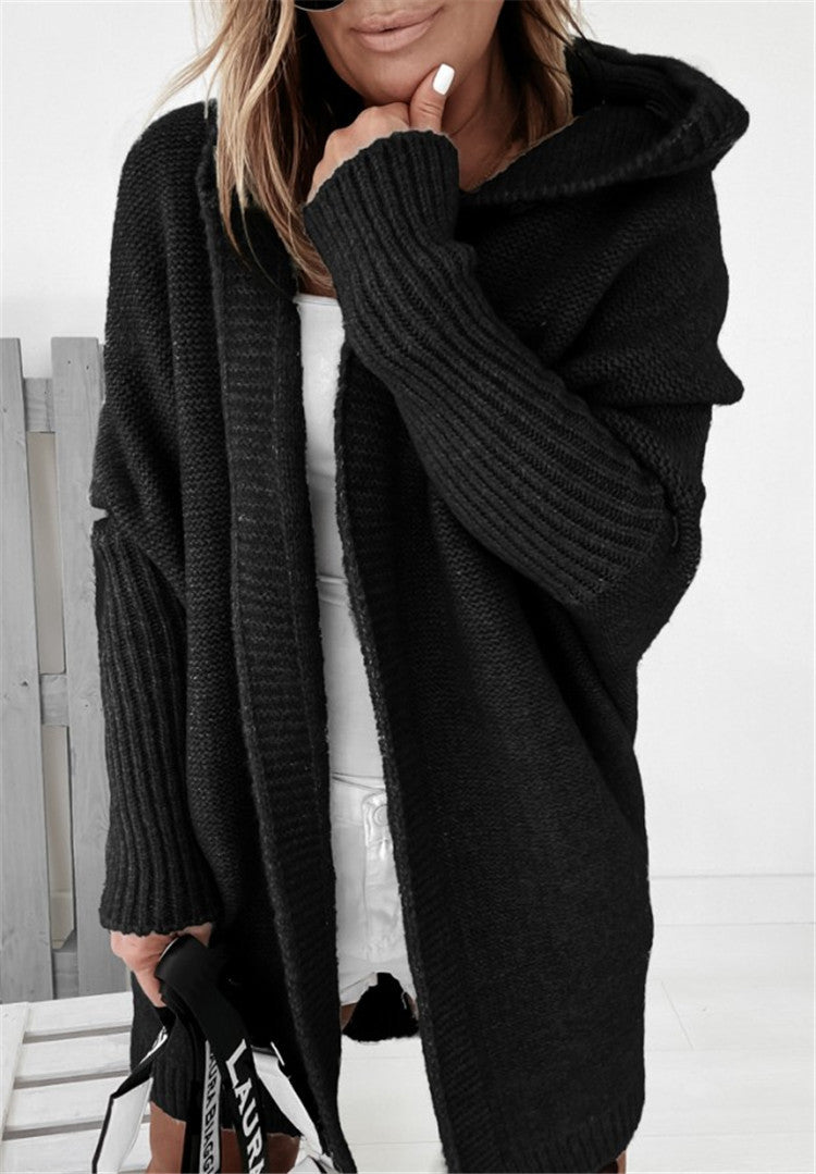 Oversized Bat-Sleeve Hooded Cardigan – Chic Comfort Black Women Jacket
