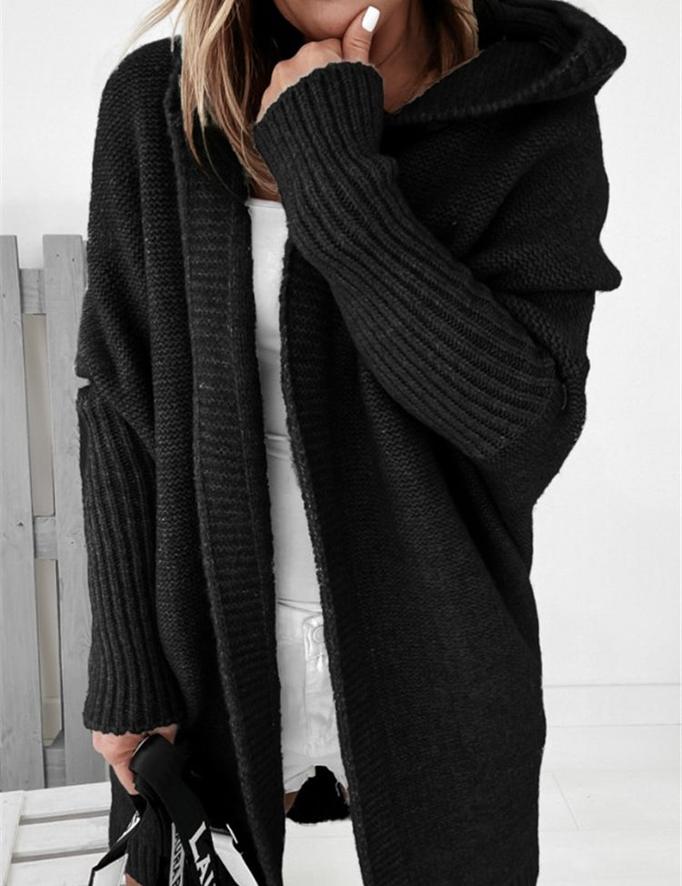 Oversized Bat-Sleeve Hooded Cardigan – Chic Comfort Black Women Jacket