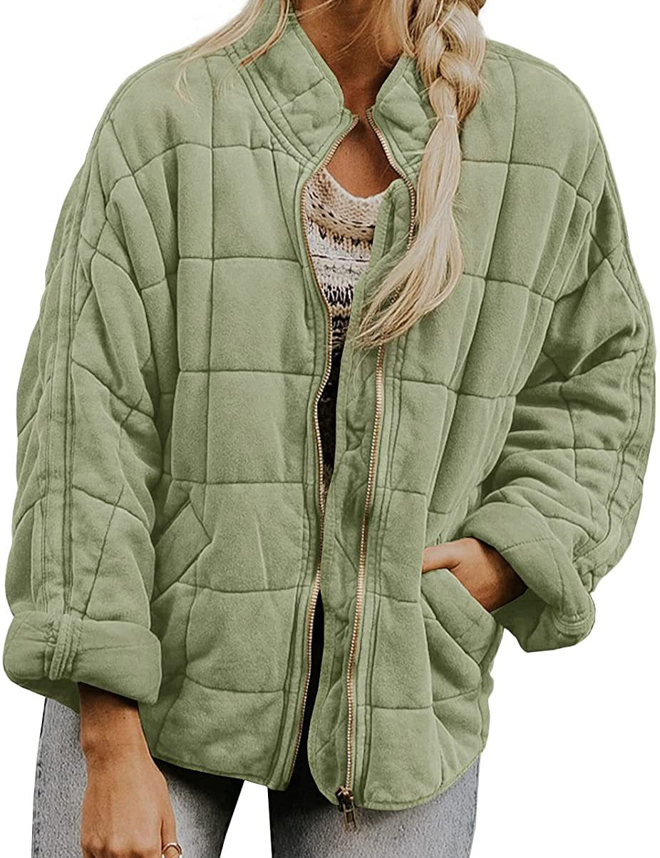 Plaid Stand-Collar Zip-Up Winter Coat for Women Green Coat