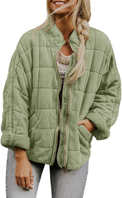 Plaid Stand-Collar Zip-Up Winter Coat for Women Green Coat
