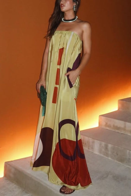 Miss Me Satin Unique Printed Off Shoulder Pocketed Loose Maxi Dress Multicolor Dresses