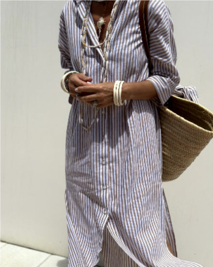Striped Shirt Dress With Belt Light brown Dresses