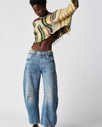 High-Stretch Mid-Rise Barrel Jeans Women Pants
