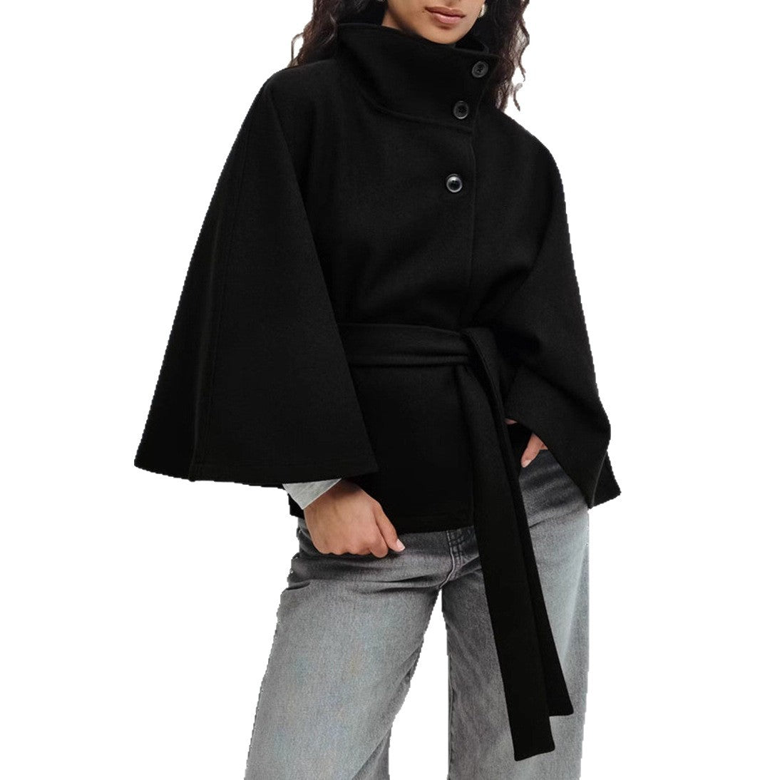 Elegant Batwing Trench Coat with Belt Black Coats