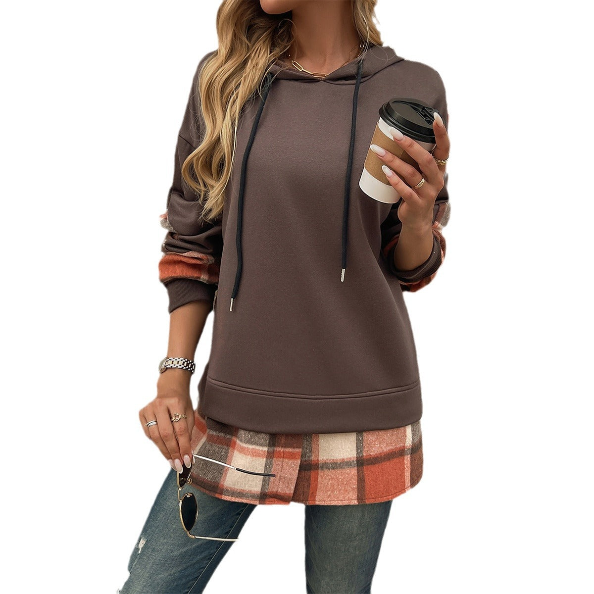 Vintage Oversized Plaid Patchwork Hoodie Women's Clothing