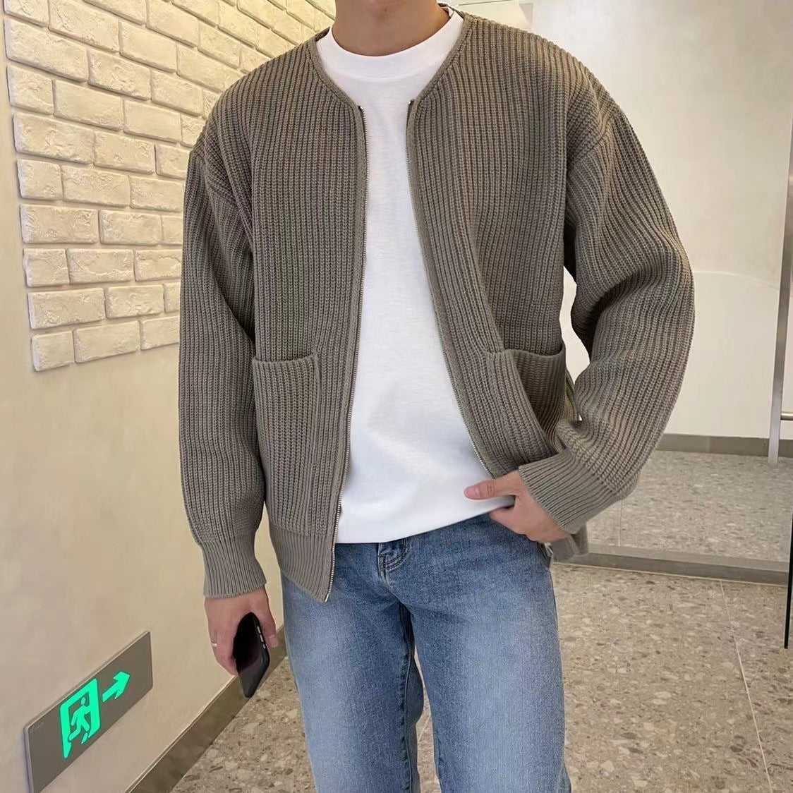 Men’s Lined Zip Knit Cardigan Sweater Khaki Cardigans
