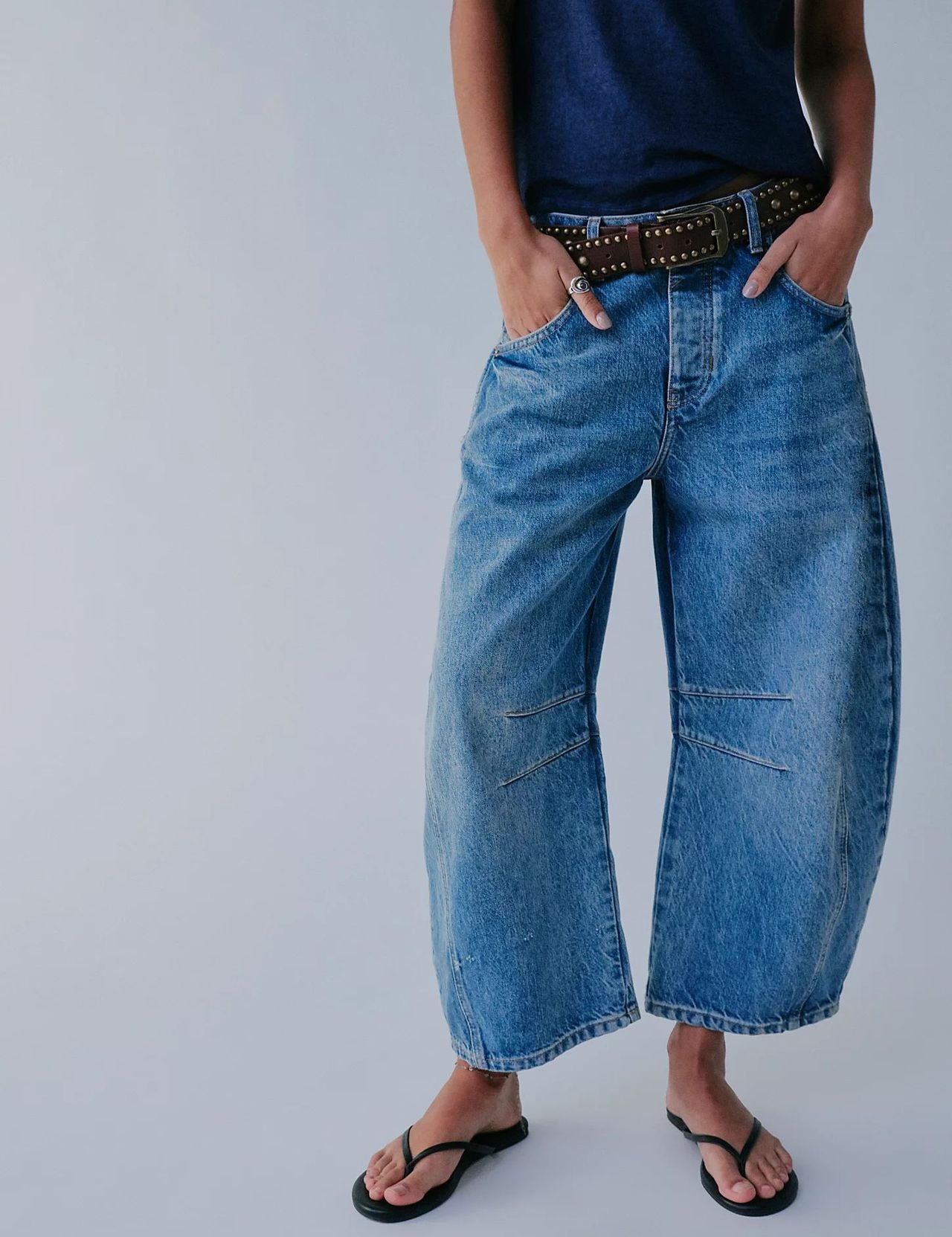 High-Stretch Mid-Rise Barrel Jeans Blue Women Pants
