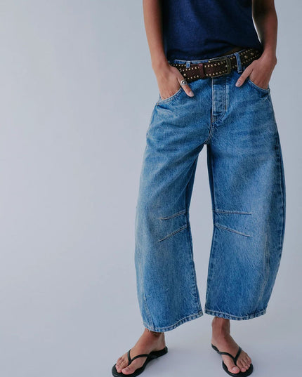 High-Stretch Mid-Rise Barrel Jeans Blue Women Pants