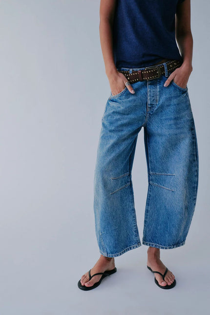 High-Stretch Mid-Rise Barrel Jeans Blue Women Pants