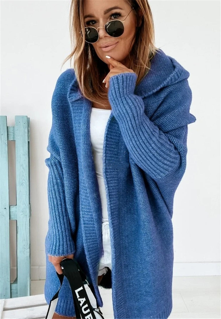Oversized Bat-Sleeve Hooded Cardigan – Chic Comfort Denim Blue Women Jacket