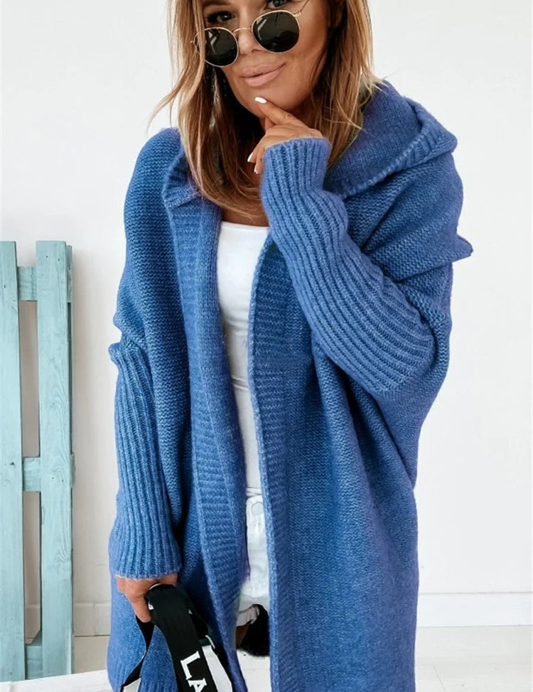 Oversized Bat-Sleeve Hooded Cardigan – Chic Comfort Denim Blue Women Jacket