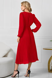 V-Neck Long Sleeve Tie Waist Midi Dress