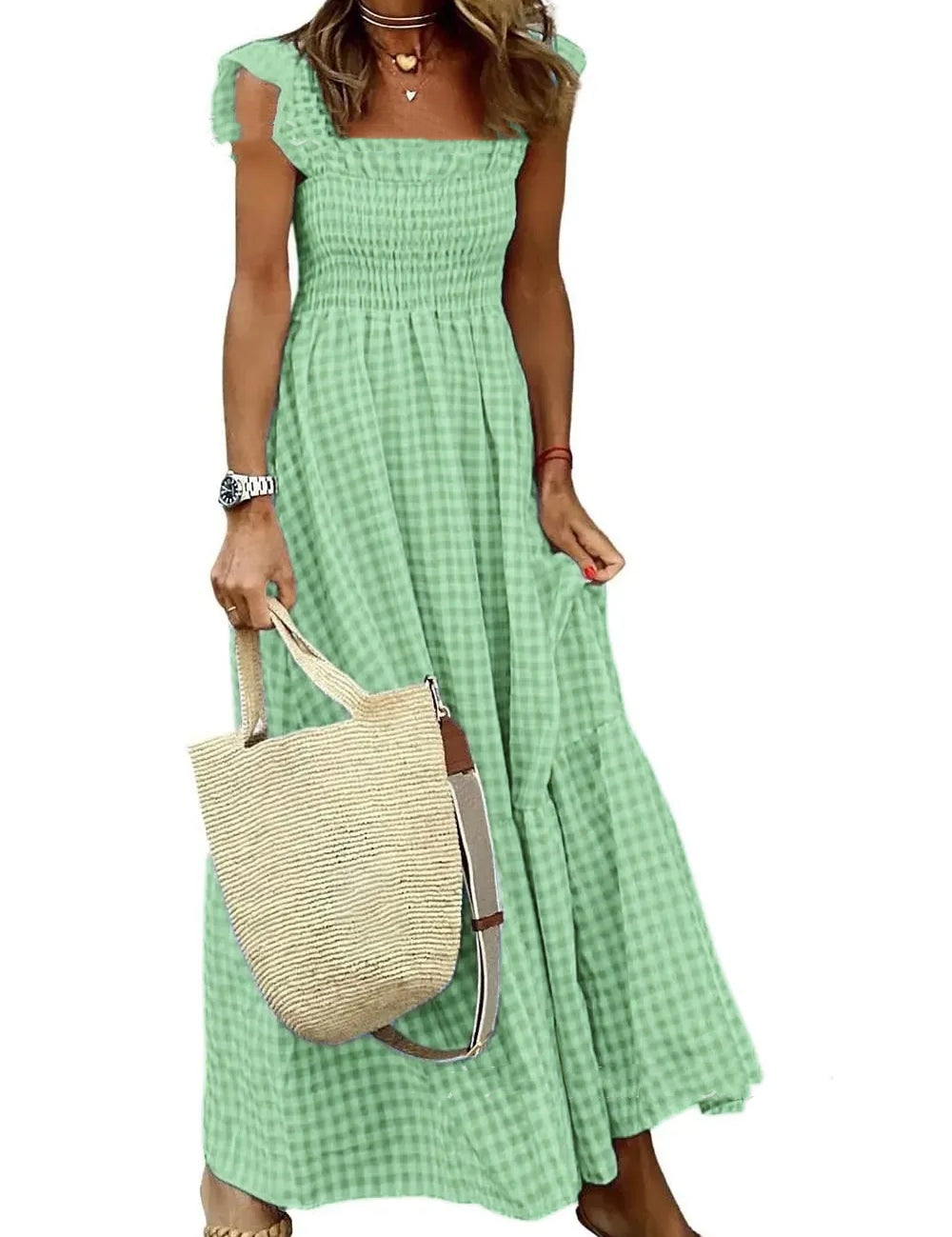 Summer Plaid Sleeveless Ruffle A-Line Dress Green Dresses