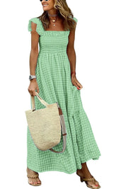 Summer Plaid Sleeveless Ruffle A-Line Dress Green Dresses