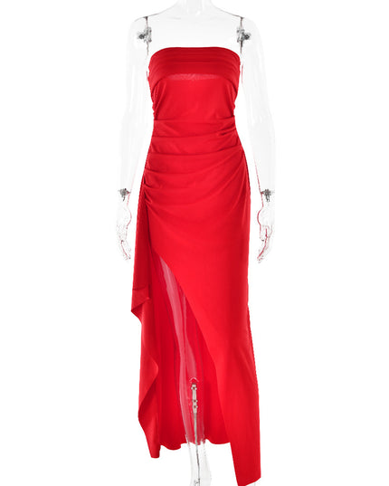 Strapless Pleated Split Long Dress Red Dresses