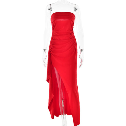 Strapless Pleated Split Long Dress Red Dresses