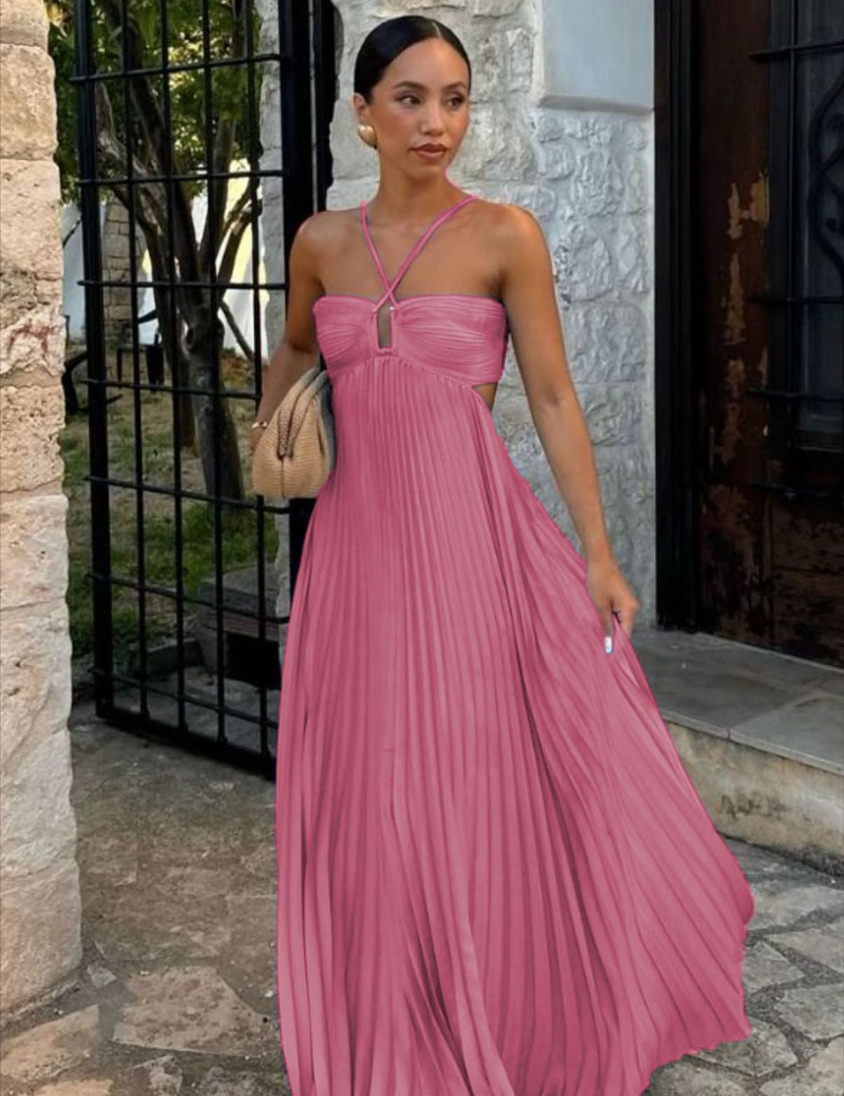 Women's Pleated Sleeveless Sling Dress - Halter High Waist Pink women