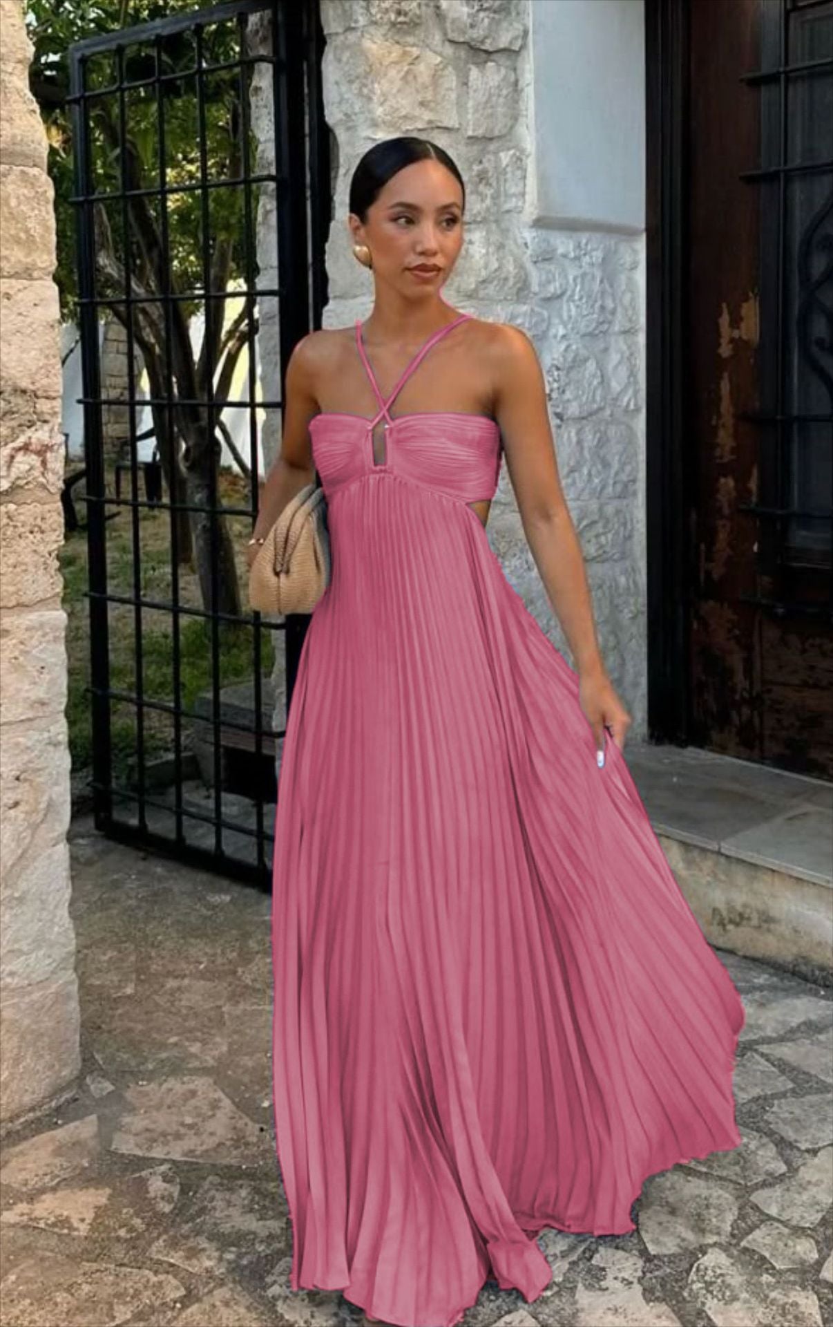 Women's Pleated Sleeveless Sling Dress - Halter High Waist Pink women