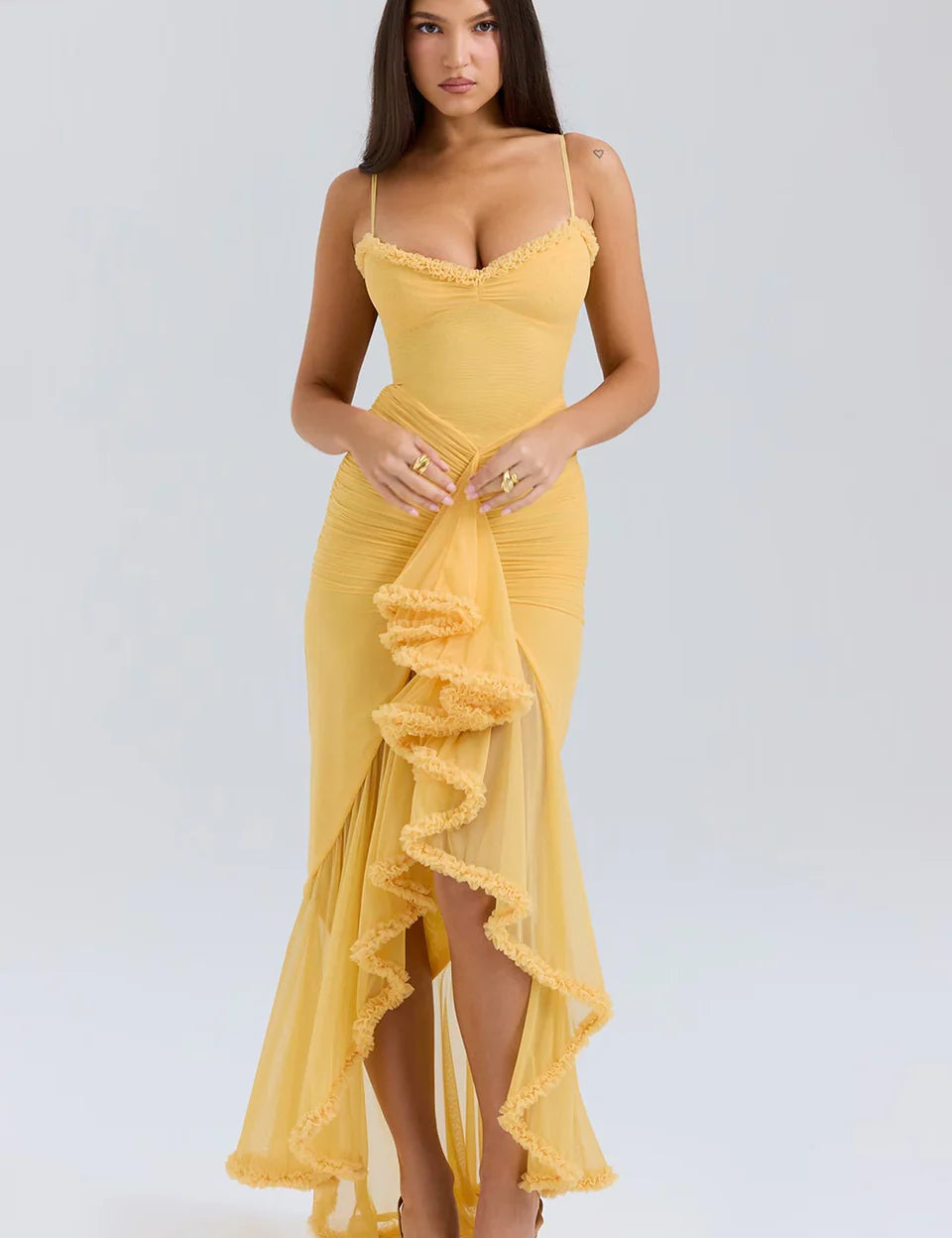 Tiara | Sultry Bodycon Maxi Dress with Cascading Ruffles Dresses
