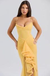Tiara | Sultry Bodycon Maxi Dress with Cascading Ruffles Yellow Dresses