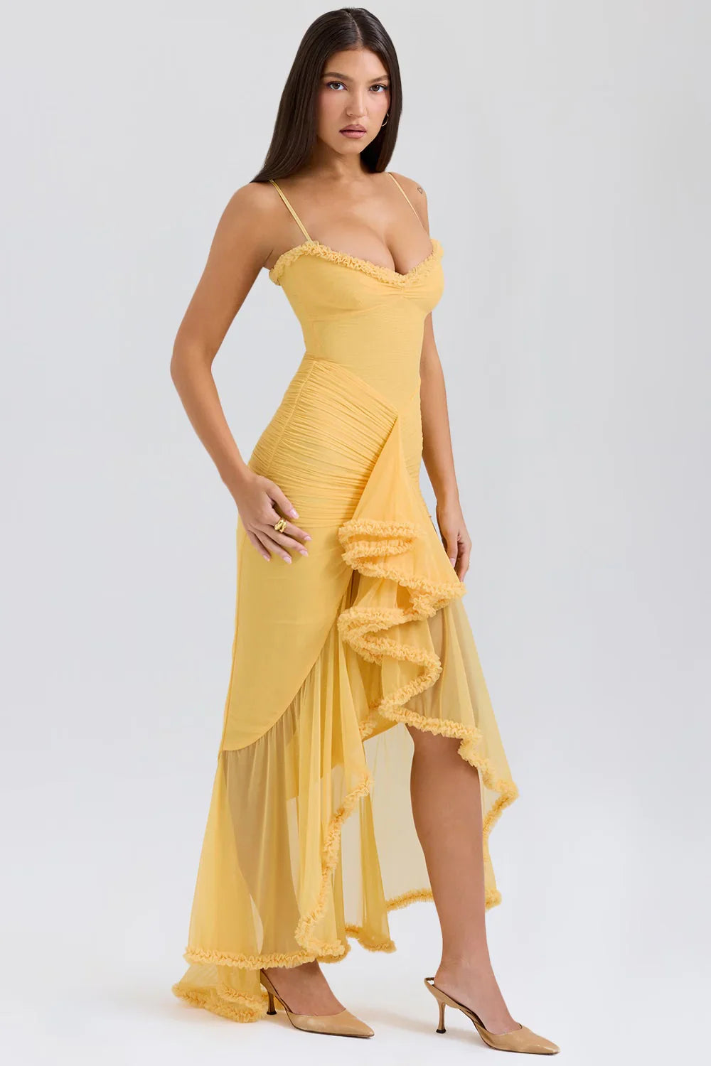 Tiara | Sultry Bodycon Maxi Dress with Cascading Ruffles Dresses