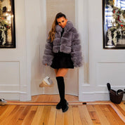 Fluffy Short Faux Fur Coat Grey Fox Fur Coat
