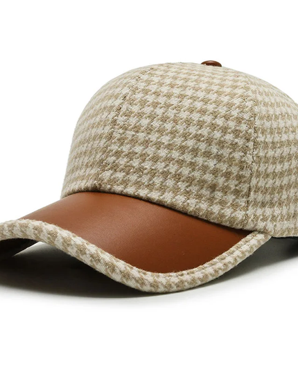 Houndstooth Leather Cap Khaki Hats