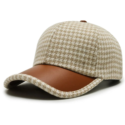 Houndstooth Leather Cap Khaki Hats