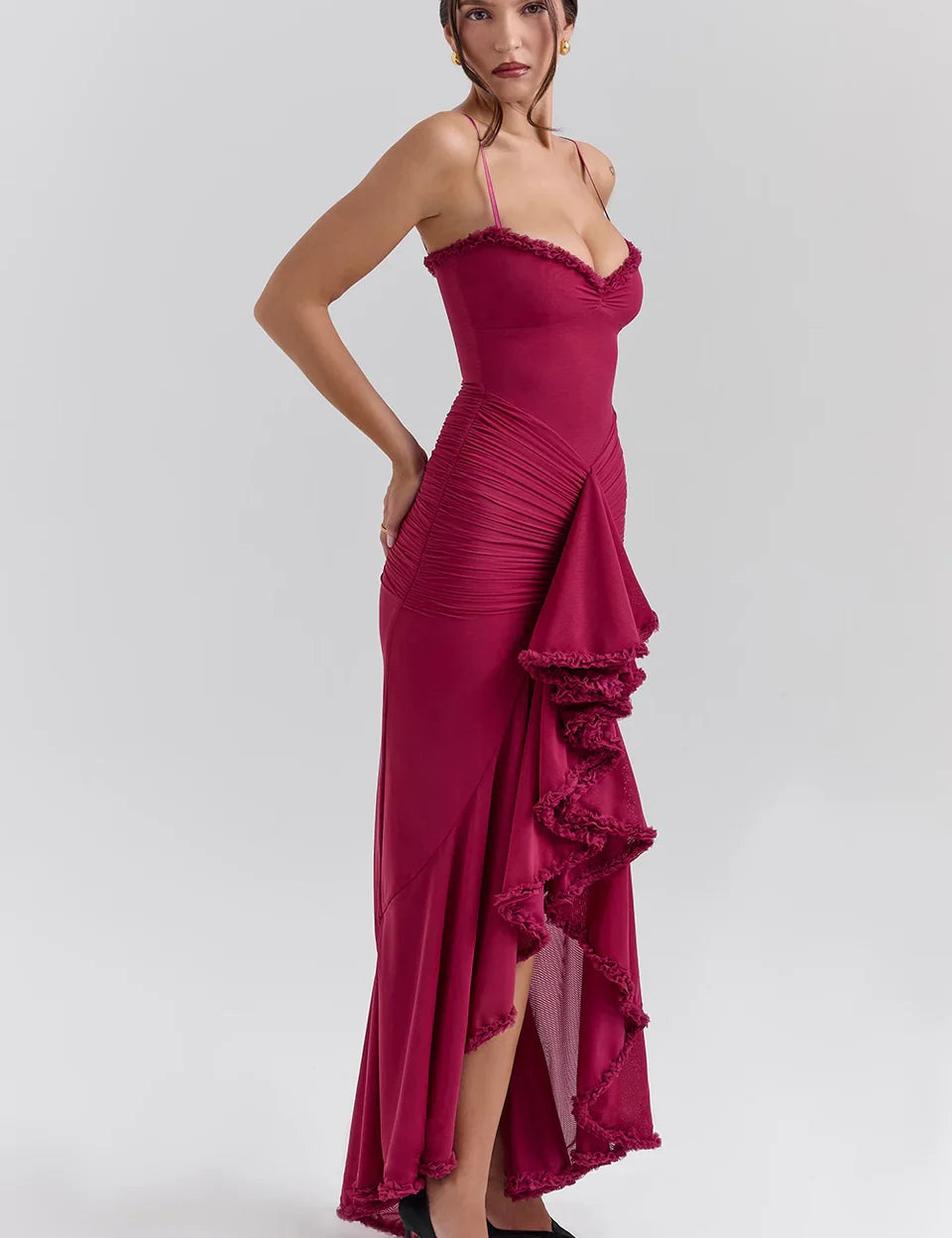 Tiara | Sultry Bodycon Maxi Dress with Cascading Ruffles Wine Dresses