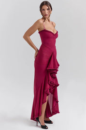 Tiara | Sultry Bodycon Maxi Dress with Cascading Ruffles Wine Dresses