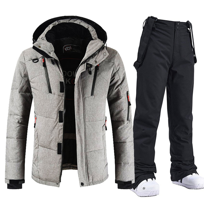 Men's Windproof and Waterproof Ski Suit with Hood and Bib Pants Jacket