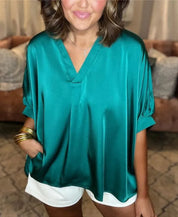 Lunette™ | Classic Silk Satin V-Neck Shirt Turquoise Top