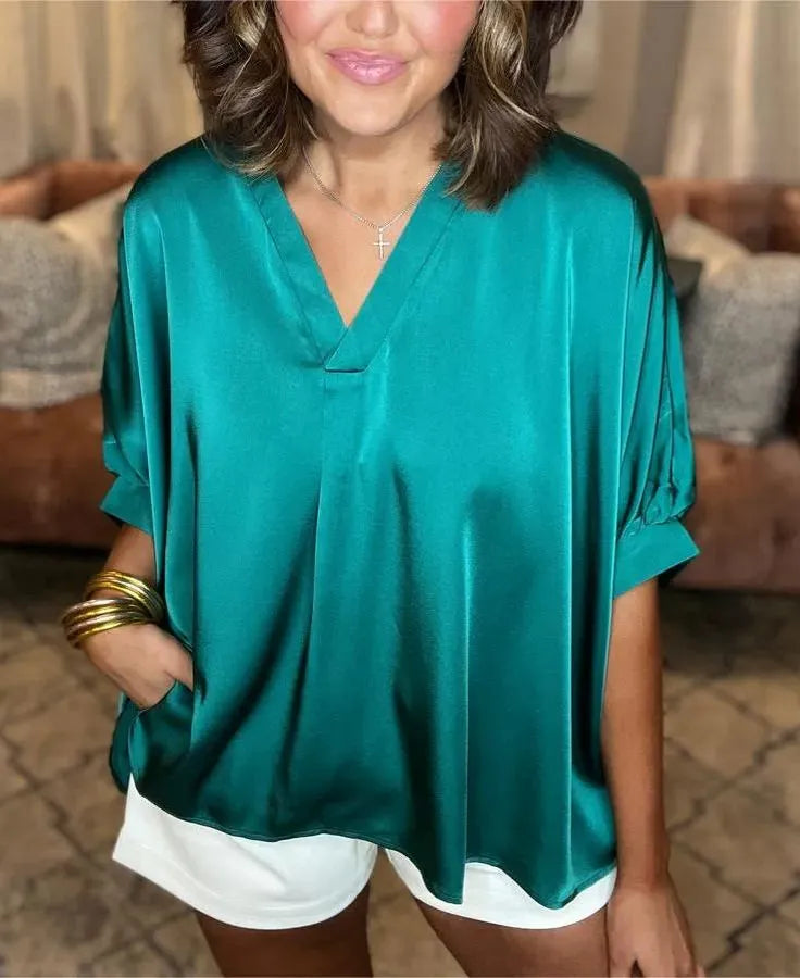 Lunette™ | Classic Silk Satin V-Neck Shirt Turquoise Top