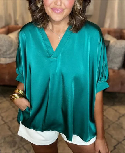 Lunette™ | Classic Silk Satin V-Neck Shirt Turquoise Top