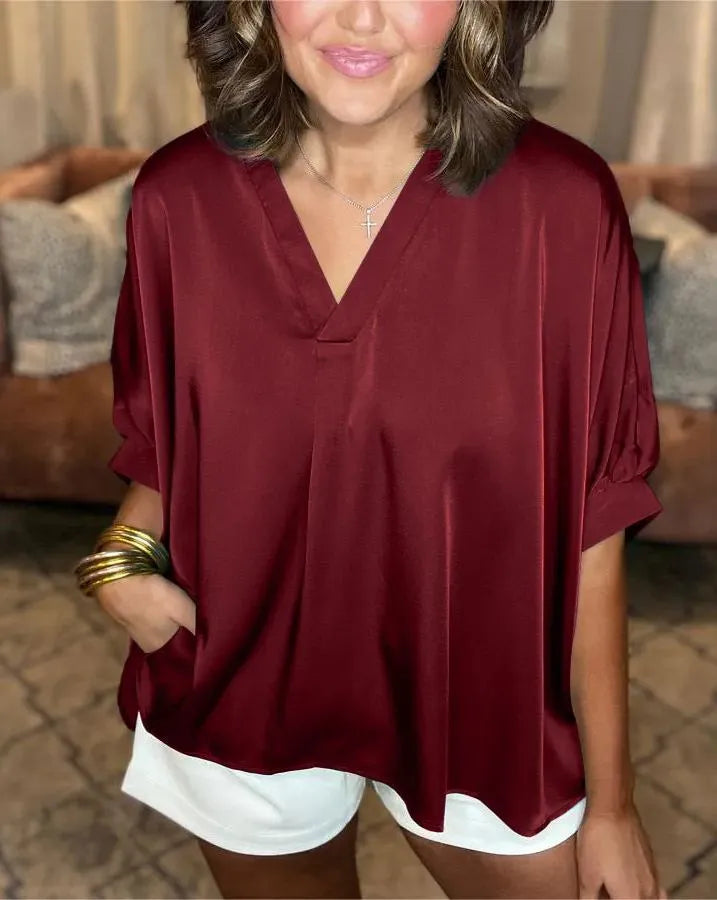 Lunette™ | Classic Silk Satin V-Neck Shirt Burgundy Top