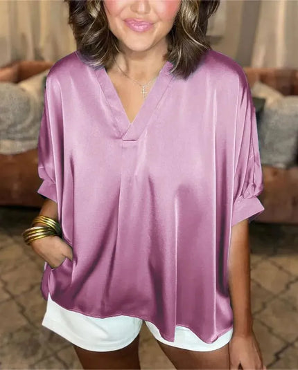 Lunette™ | Classic Silk Satin V-Neck Shirt Pinkish Purple Top