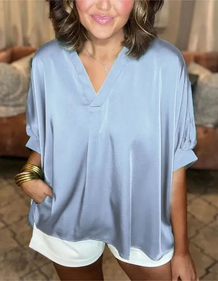 Lunette™ | Classic Silk Satin V-Neck Shirt Light Blue Top