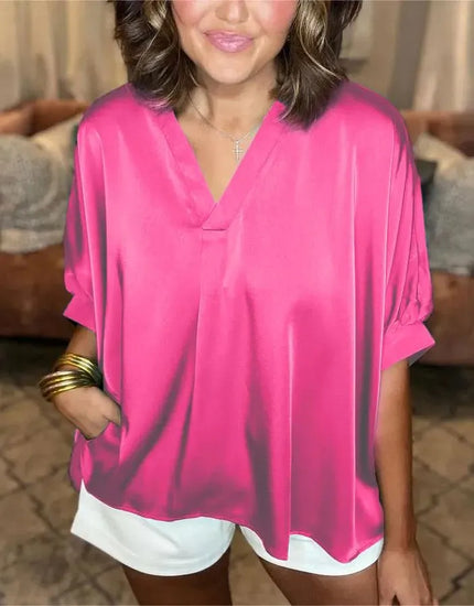 Lunette™ | Classic Silk Satin V-Neck Shirt Rose Red Top