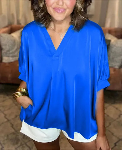 Lunette™ | Classic Silk Satin V-Neck Shirt Blue Top