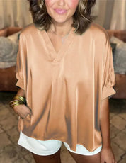 Lunette™ | Classic Silk Satin V-Neck Shirt Champagne color Top