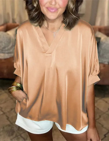 Lunette™ | Classic Silk Satin V-Neck Shirt Champagne color Top