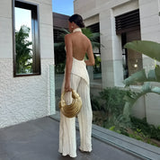 Elegant Sleeveless Halter Crop Top & Wide‑Leg Pants Set Outfit Sets