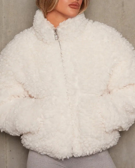 Amira Cropped Teddy Jacket White Jackets
