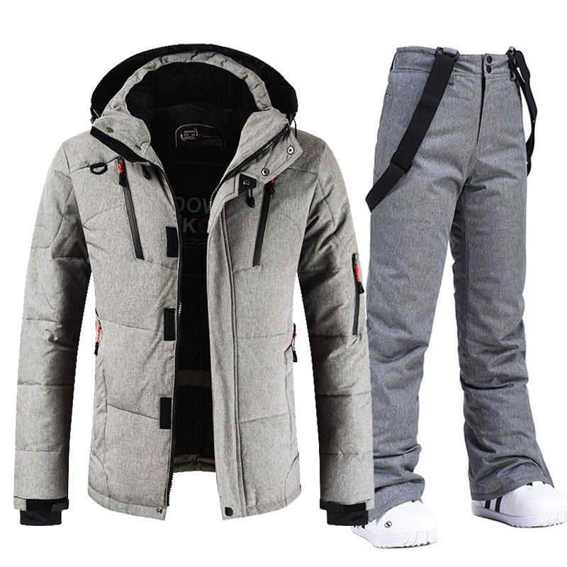 Men's Windproof and Waterproof Ski Suit with Hood and Bib Pants Gray Jacket