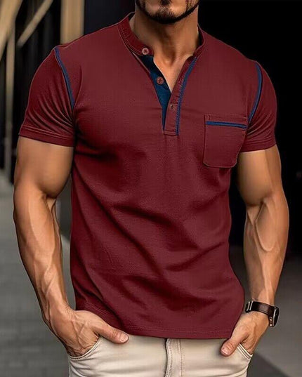 100% Cotton Colorblock Henley T-Shirt for Stylish Men Red T-Shirts
